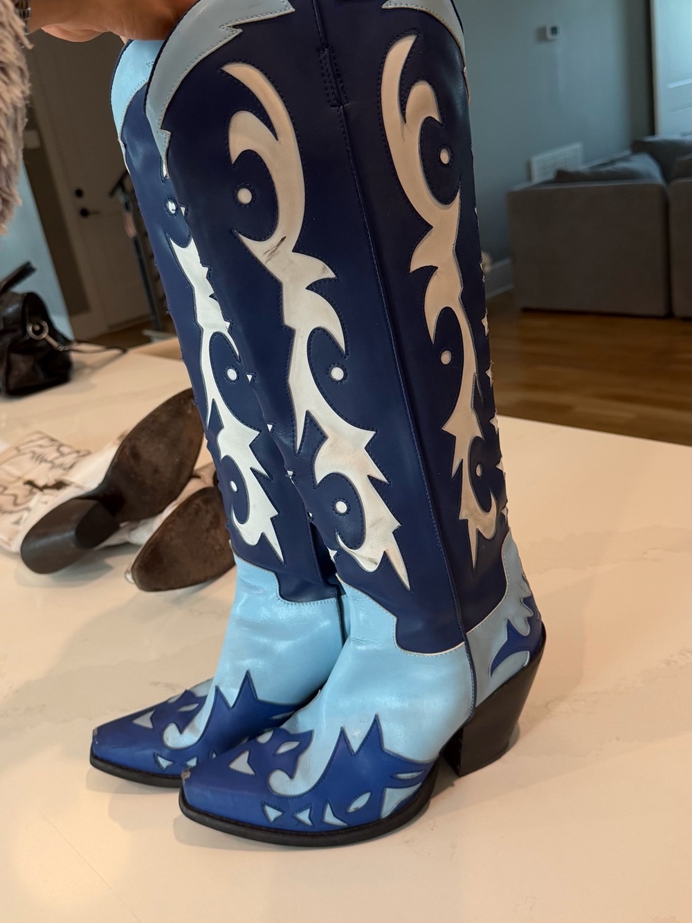 Jeffrey Campbell Two-Tone Blue Western Knee-High Heeled Boots - Picture 2 of 5